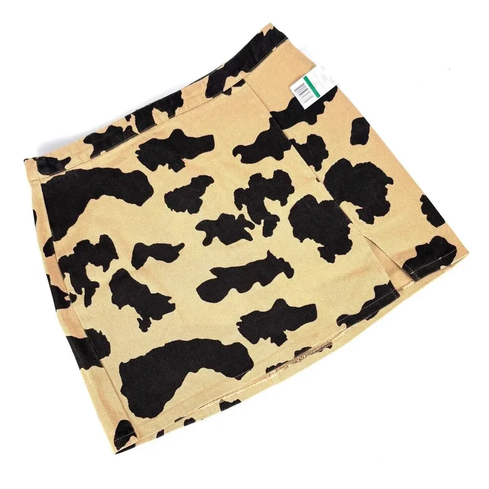 NWT Womens Beige Cow Print Denim Mini Skirt Western Jean LARGE Cowgirl Y2K Boho